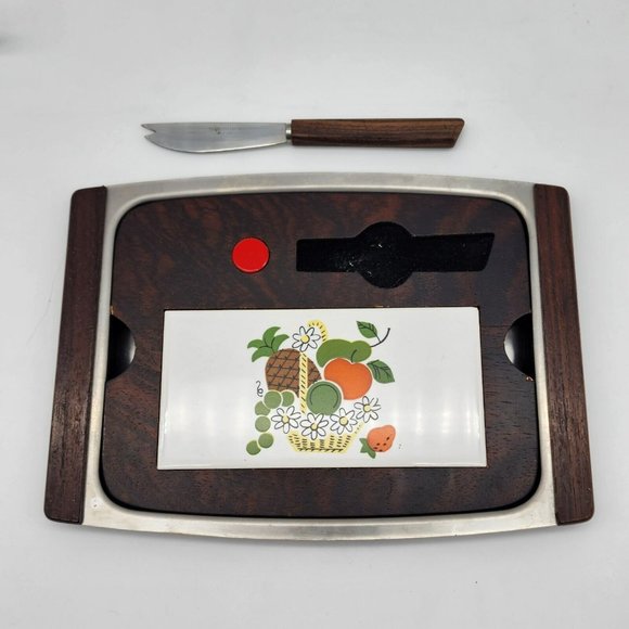 Vintage Teak and Chrome Cheese Tray w/ stylized Fruit Tile Magnetic Knife - Picture 4 of 7